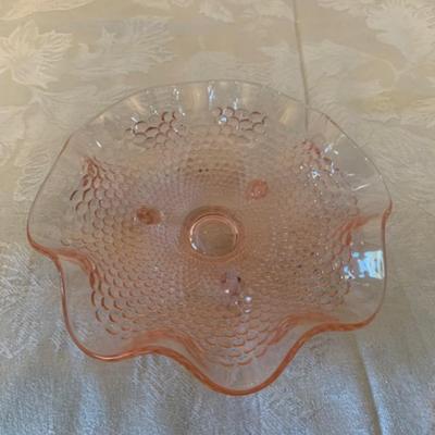 Vintage pink depression-glass Ruffled hobnail candy dish