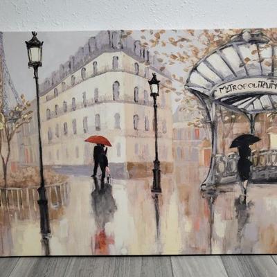 Sale Photo Thumbnail #76: To the Metro, by Julia Purinton: A rainy afternoon in Paris, a timeless image on canvas.