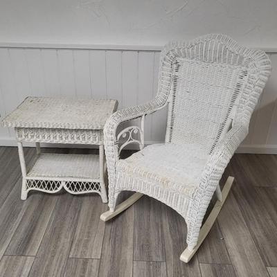 White Wicker Rocking Chair and Side Table