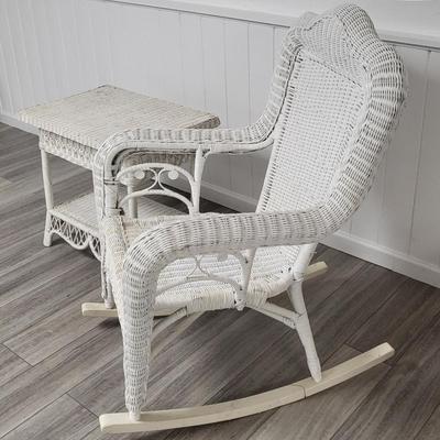 White Wicker Rocking Chair and Side Table