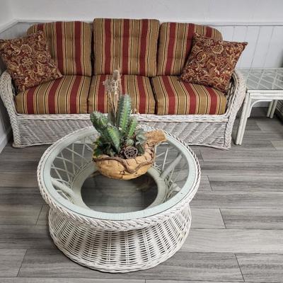 3 Piece Wicker Set, Round Table, Square Side Table, and Couch