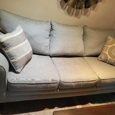 Sale Photo Thumbnail #196: Full-size couch with 2 accent pillows.  Comes from a cat-friendly home.

7ft W, 3ft D