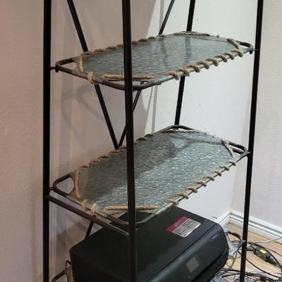 Shelving unit, mix of metal shelves and jute/burlap rope for design