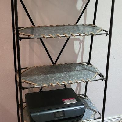 Shelving unit, mix of metal shelves and jute/burlap rope for design