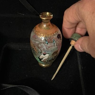 Lot 117 - Asian Themed Snuff Bottle with Spoon - Gold Painted Trim and Green Stone Stopper