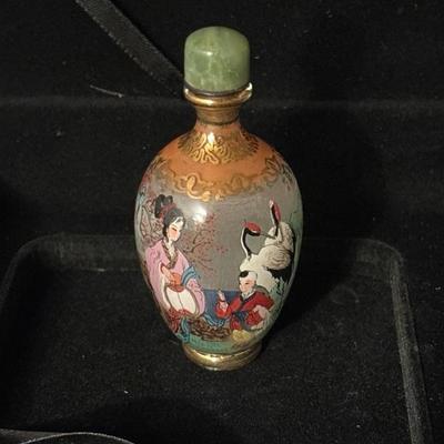 Lot 117 - Asian Themed Snuff Bottle with Spoon - Gold Painted Trim and Green Stone Stopper