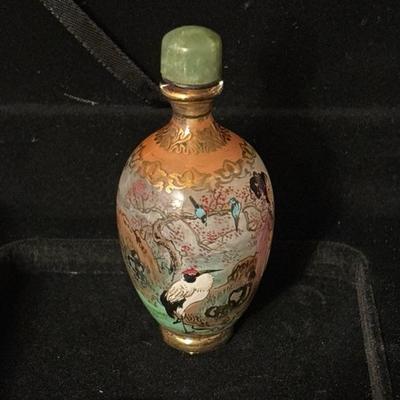 Lot 117 - Asian Themed Snuff Bottle with Spoon - Gold Painted Trim and Green Stone Stopper