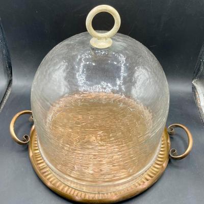 Glass Cake Dome On Metal Platter 12” Wide