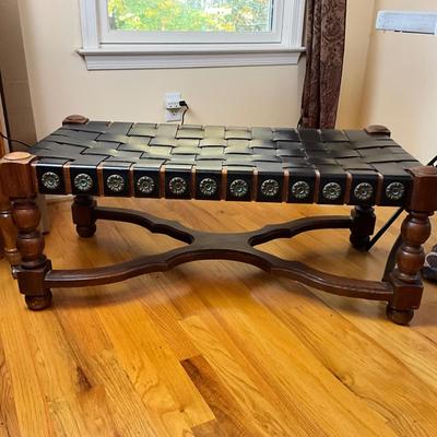 660 Mid Century Modern Spanish Revival Oak & Woven Leather Bench