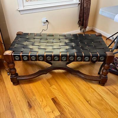 660 Mid Century Modern Spanish Revival Oak & Woven Leather Bench