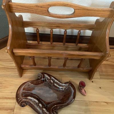 Wood magazine rack, ashtray and small boot