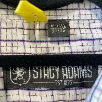 Stacy Adams purple plaid long sleeve button up shirt. Uses cuff links.