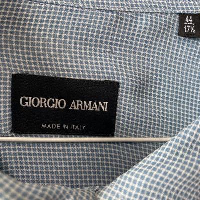 Giorgio Armani light blue tiny checks long sleeve button up shirt. 67% viscose 33% acetate. 17-1/2 44. Made in Italy