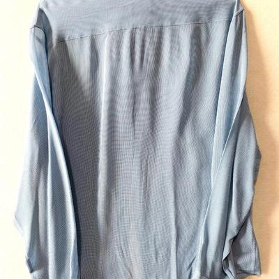 Giorgio Armani light blue tiny checks long sleeve button up shirt. 67% viscose 33% acetate. 17-1/2 44. Made in Italy