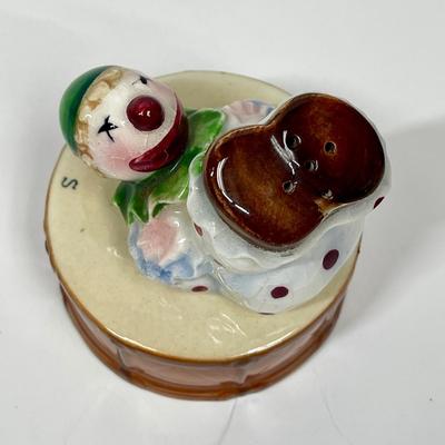 Vintage Ceramic Clown and Drum Salt and Pepper Shakers