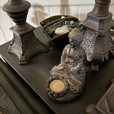 Composite Buddha and 3 Large Candlesticks