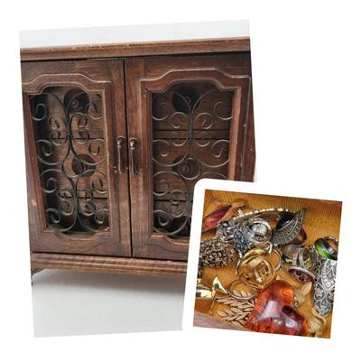 Vintage Wood Jewelry Music Box Filled With Fashion Jewelry
