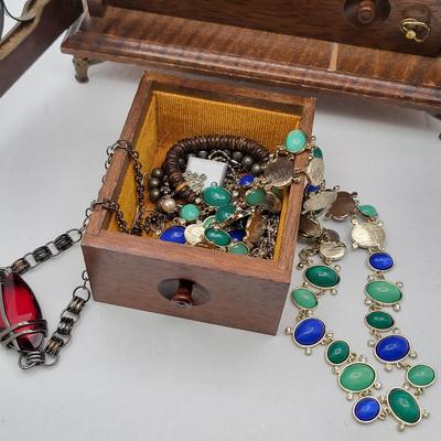 Vintage Wood Jewelry Music Box Filled With Fashion Jewelry
