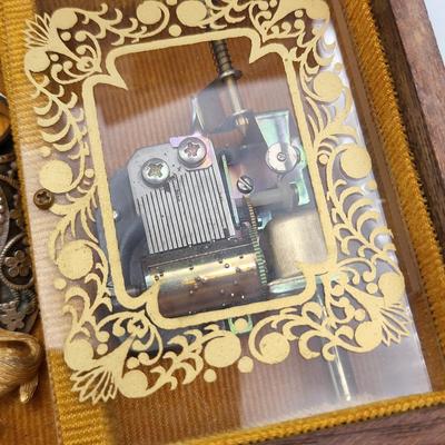 Vintage Wood Jewelry Music Box Filled With Fashion Jewelry