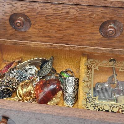 Vintage Wood Jewelry Music Box Filled With Fashion Jewelry