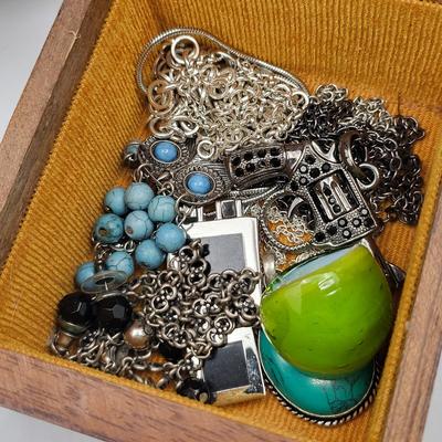 Vintage Wood Jewelry Music Box Filled With Fashion Jewelry