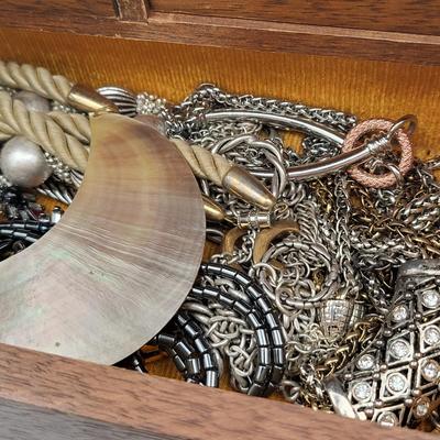 Vintage Wood Jewelry Music Box Filled With Fashion Jewelry