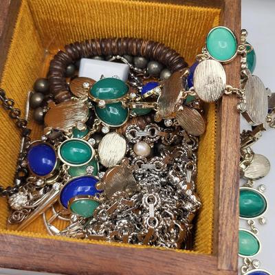 Vintage Wood Jewelry Music Box Filled With Fashion Jewelry