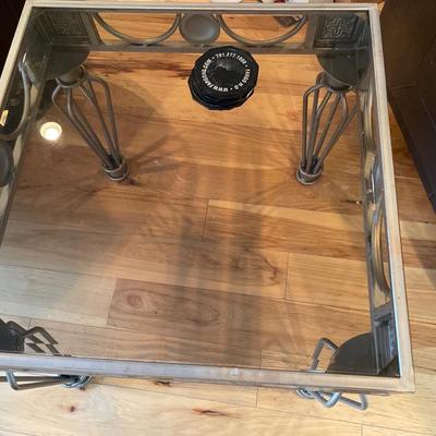 2 Metal with glass top end tables & coasters