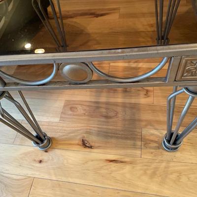 2 Metal with glass top end tables & coasters