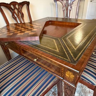 Most amazing Scarborough Maitland Smith game table with four chairs