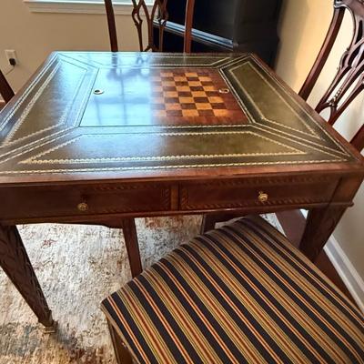 Most amazing Scarborough Maitland Smith game table with four chairs