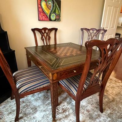 Most amazing Scarborough Maitland Smith game table with four chairs