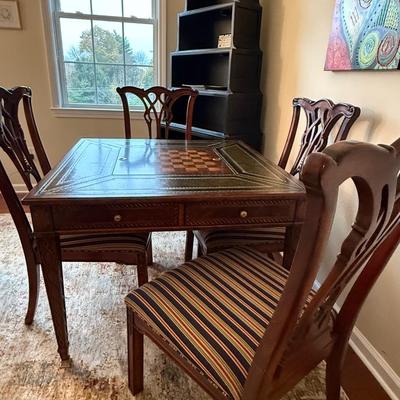 Most amazing Scarborough Maitland Smith game table with four chairs