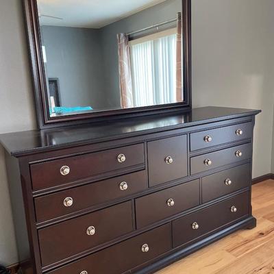 Long dark wood dresser with mirror