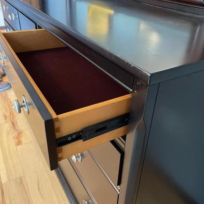 Long dark wood dresser with mirror