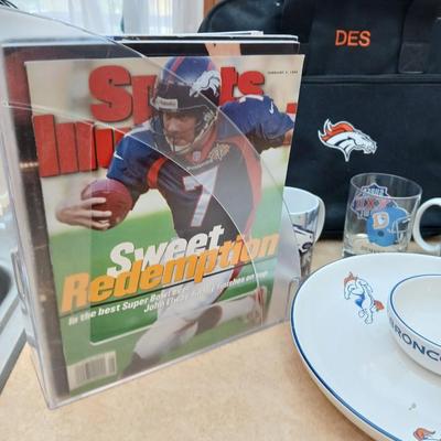 Bronco's Football collectibles - Chip and dip bowl, magazines, and Coffee mugs with a bag