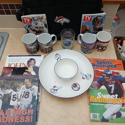 Bronco's Football collectibles - Chip and dip bowl, magazines, and Coffee mugs with a bag