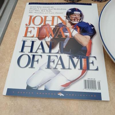 Bronco's Football collectibles - Chip and dip bowl, magazines, and Coffee mugs with a bag