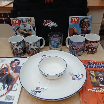 Bronco's Football collectibles - Chip and dip bowl, magazines, and Coffee mugs with a bag