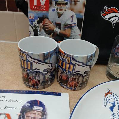 Bronco's Football collectibles - Chip and dip bowl, magazines, and Coffee mugs with a bag