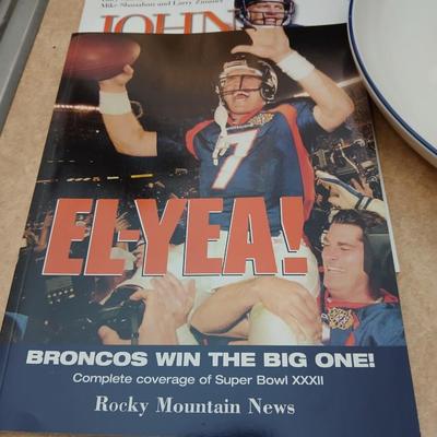 Bronco's Football collectibles - Chip and dip bowl, magazines, and Coffee mugs with a bag