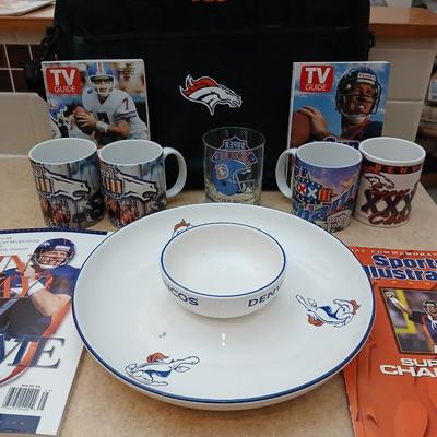 Bronco's Football collectibles - Chip and dip bowl, magazines, and Coffee mugs with a bag