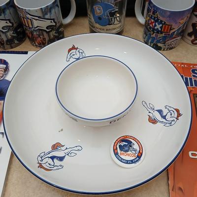 Bronco's Football collectibles - Chip and dip bowl, magazines, and Coffee mugs with a bag