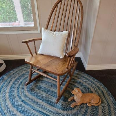 Beautiful Antique Rocking chair, rug, dog statue