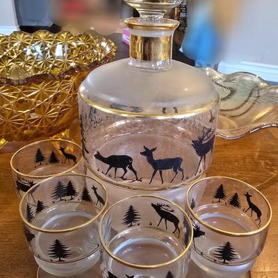 Lot of Glassware- decanter w/matching cups, carnival, amber