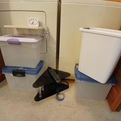 Plastic office file boxes, trash can and corner desk shelf