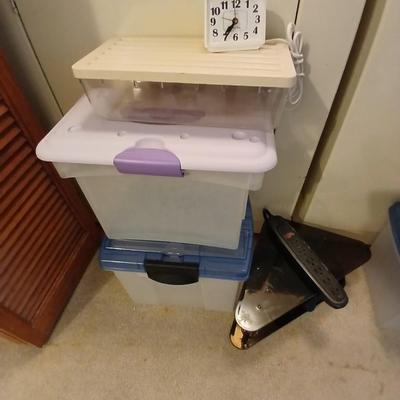 Plastic office file boxes, trash can and corner desk shelf