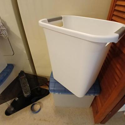 Plastic office file boxes, trash can and corner desk shelf