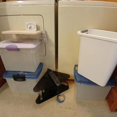 Plastic office file boxes, trash can and corner desk shelf