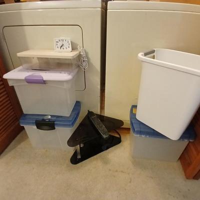 Plastic office file boxes, trash can and corner desk shelf